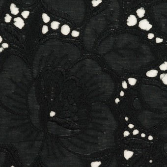 【200cmカット】コットン×フラワー(ブラック)×ローン刺繍のサムネイル