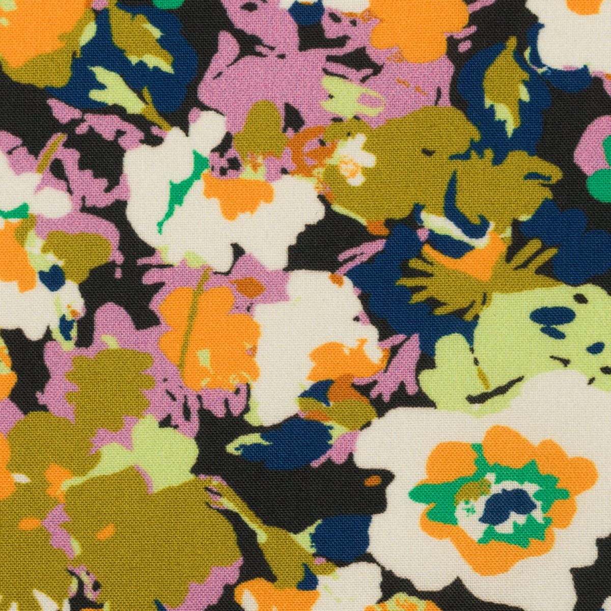 【アウトレット】ポリエステル×フラワー(ダークネイビー、オレンジ＆モーブ)×デシンのサムネイル